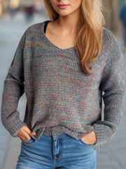 Textured slouch v-neck sweater in a multicolor knit with long sleeves.