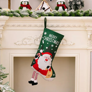 Animated Christmas stocking in green with Santa, 3D detail, and Merry Christmas text.