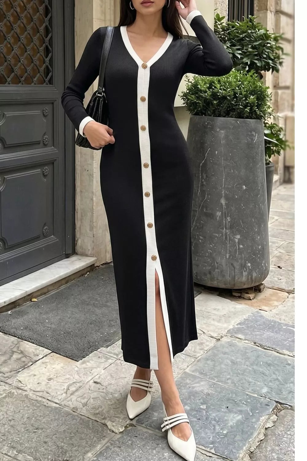 Contrast Trim V-neck Knit Dress in Black, front view