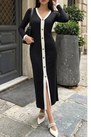Contrast Trim V-neck Knit Dress in Black, front view