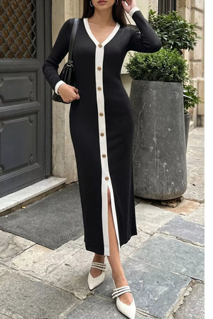 Contrast Trim V-neck Knit Dress in Black, front view