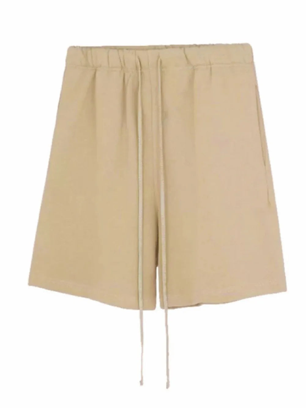Men's beige jogger shorts with drawstring waist and pockets.