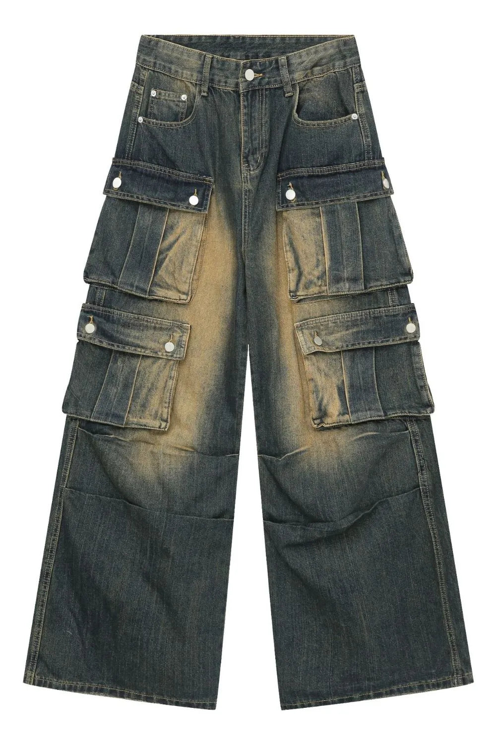 Distressed medium wash denim cargo pants with multiple button-flap pockets and a wide leg.