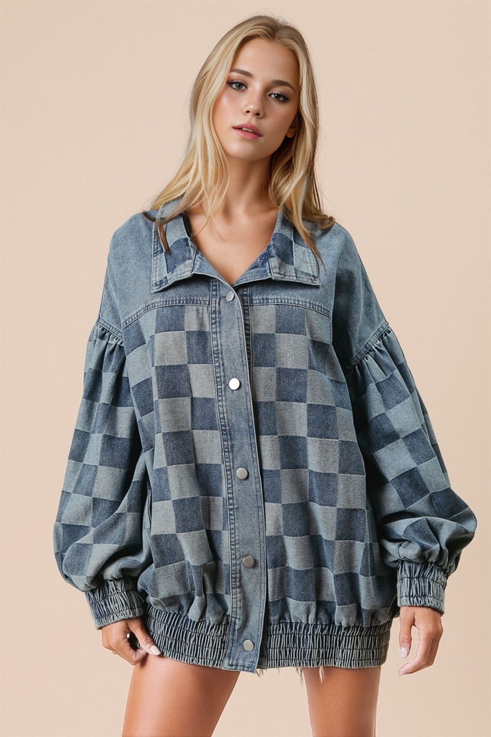 Checkerboard denim blouson jacket with balloon sleeves and elastic hem
