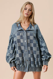 Checkerboard denim blouson jacket with balloon sleeves and elastic hem