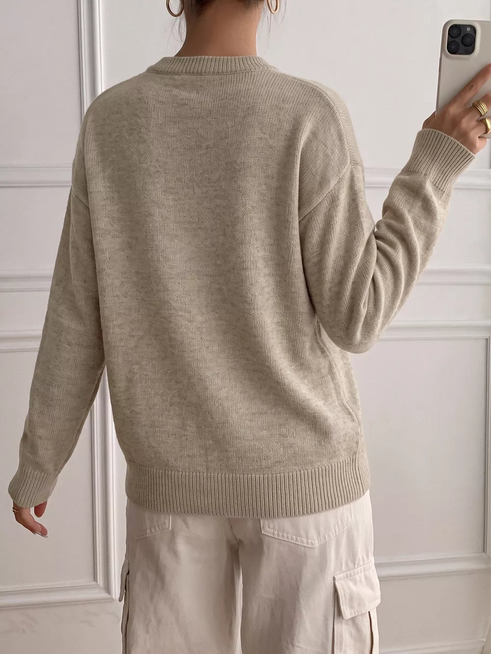 Dropped Shoulder Long Sleeve Sweater in Khaki, fabric detail