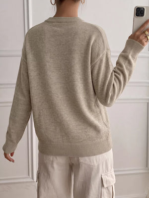 Dropped Shoulder Long Sleeve Sweater in Khaki, fabric detail