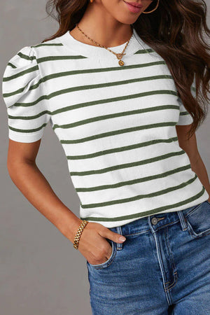 Puff sleeve breton knit top in white with dark green stripes, crew neck, short sleeves.