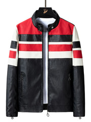 Plus-size black leather moto jacket with red and white stripes on the chest and sleeves.