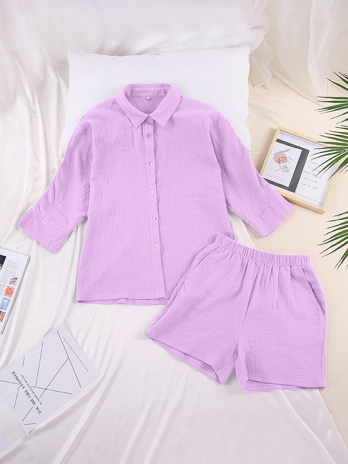 Gauze cotton resort shirt and shorts set in lavender, with button front and elastic waist shorts.