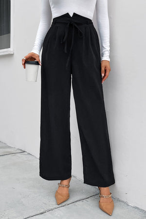 Black high-waist tie palazzo trousers with a paperbag waist and wide leg.