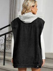Black denim hooded sleeveless utility vest with a grey hood, shown from the back.