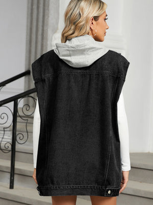Black denim hooded sleeveless utility vest with a grey hood, shown from the back.