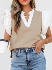 Khaki blouse with contrast white ruffle sleeves and V-neck collar.