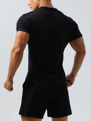 Black ribbed V-neck muscle tee with short sleeves shown from the back.