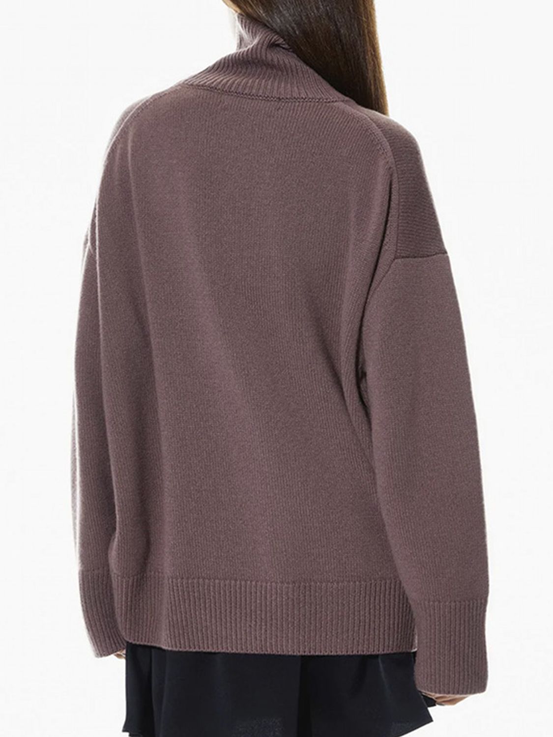 Relaxed turtleneck sweater in mocha acrylic with ribbed cuffs and hem.
