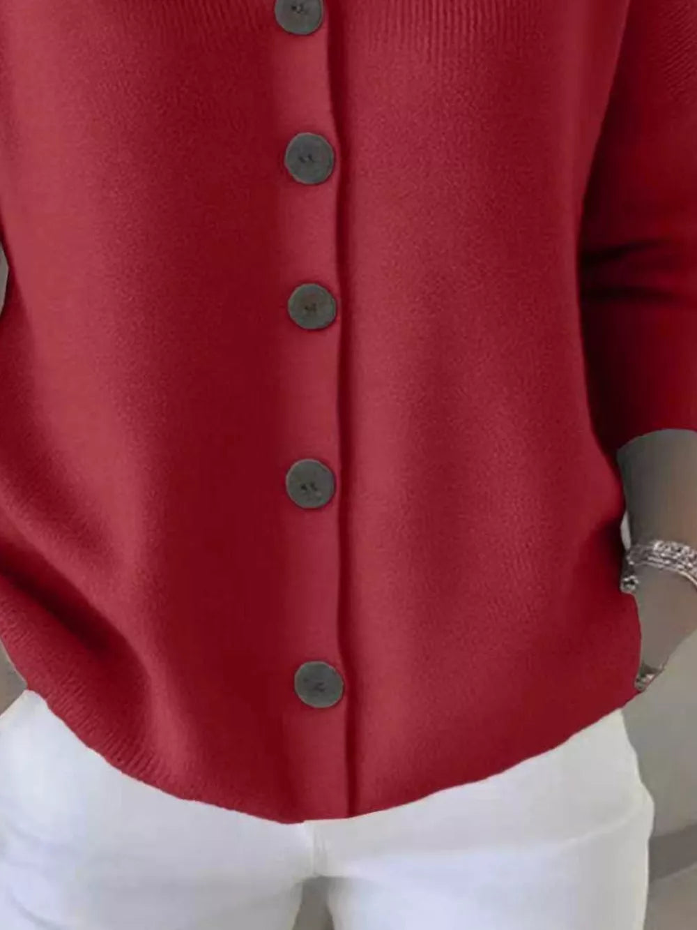 Burgundy button-front knit cardigan with gray buttons, casual acrylic sweater.