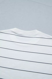 White polyester tee with black horizontal stripes and ribbed crew neck.