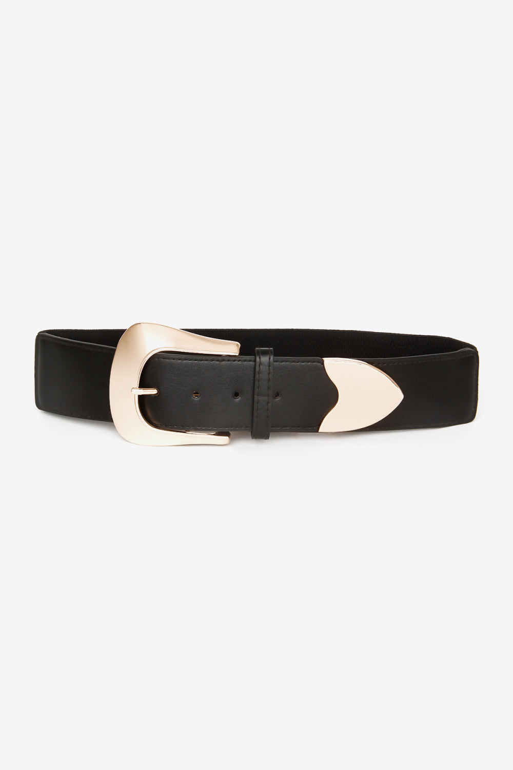 Black leather belt with sculpted gold-tone buckle and pointed detail