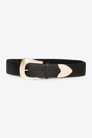 Black leather belt with sculpted gold-tone buckle and pointed detail