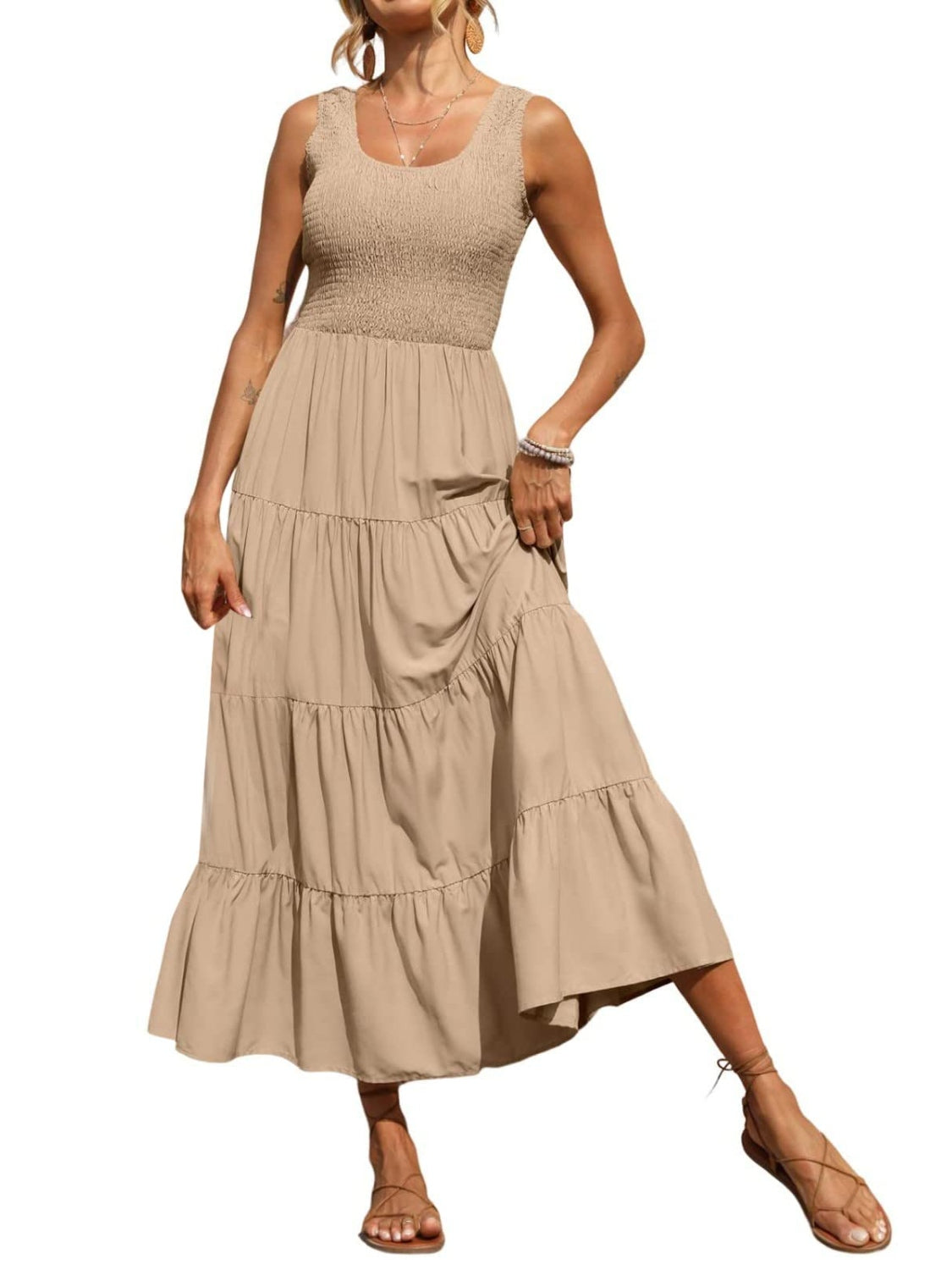 Khaki smocked bodice ruffled maxi dress with tiered skirt and square neckline