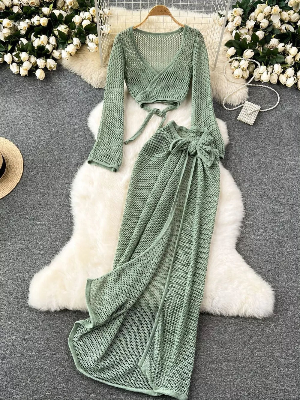 Green knit crop top with wrap tie and high slit maxi skirt set