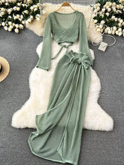 Green knit crop top with wrap tie and high slit maxi skirt set
