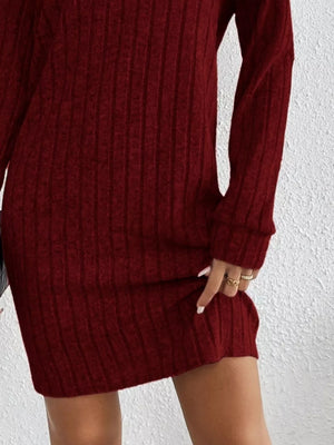 Burgundy ribbed turtleneck mini dress with long sleeves