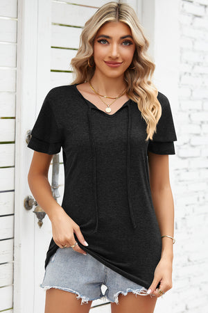 Black flutter sleeve henley tee with tie neck detail