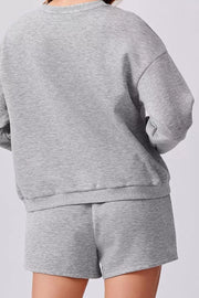 Light Gray cozy sweatshirt and shorts set with ribbed cuffs and hem.