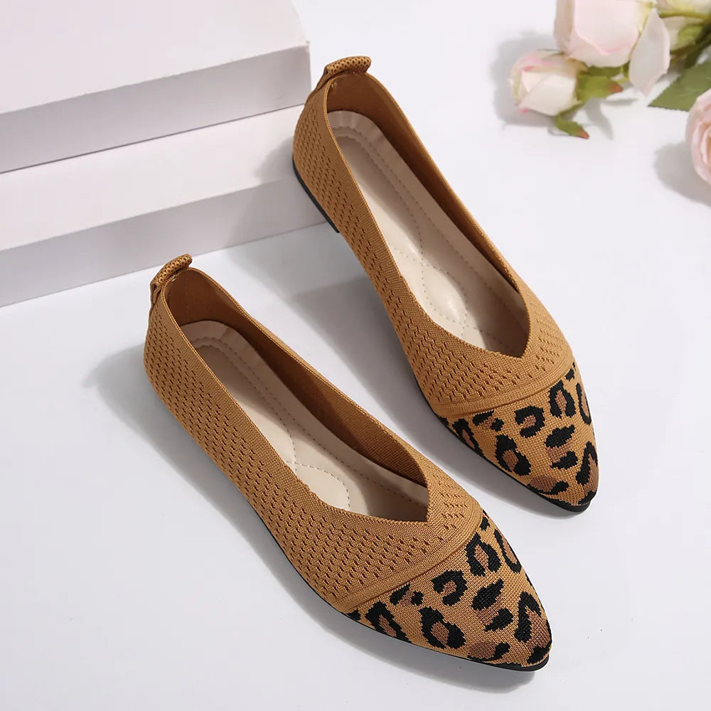 Leopard knit pointed ballet flats in caramel with a V-cut vamp.