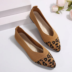Leopard knit pointed ballet flats in caramel with a V-cut vamp.