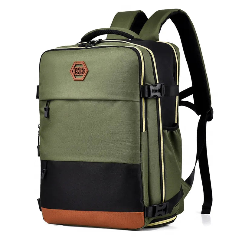 Matcha green and black travel backpack with contrast panels and brown faux leather base.