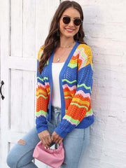 Rainbow Wave Crochet Cardigan in acrylic with colorful chevron stripes and open knit details.