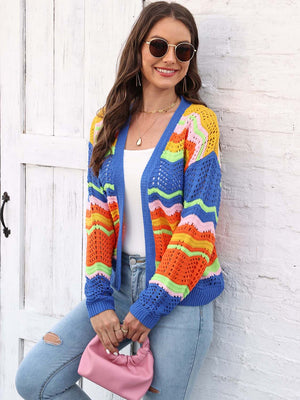 Rainbow Wave Crochet Cardigan in acrylic with colorful chevron stripes and open knit details.