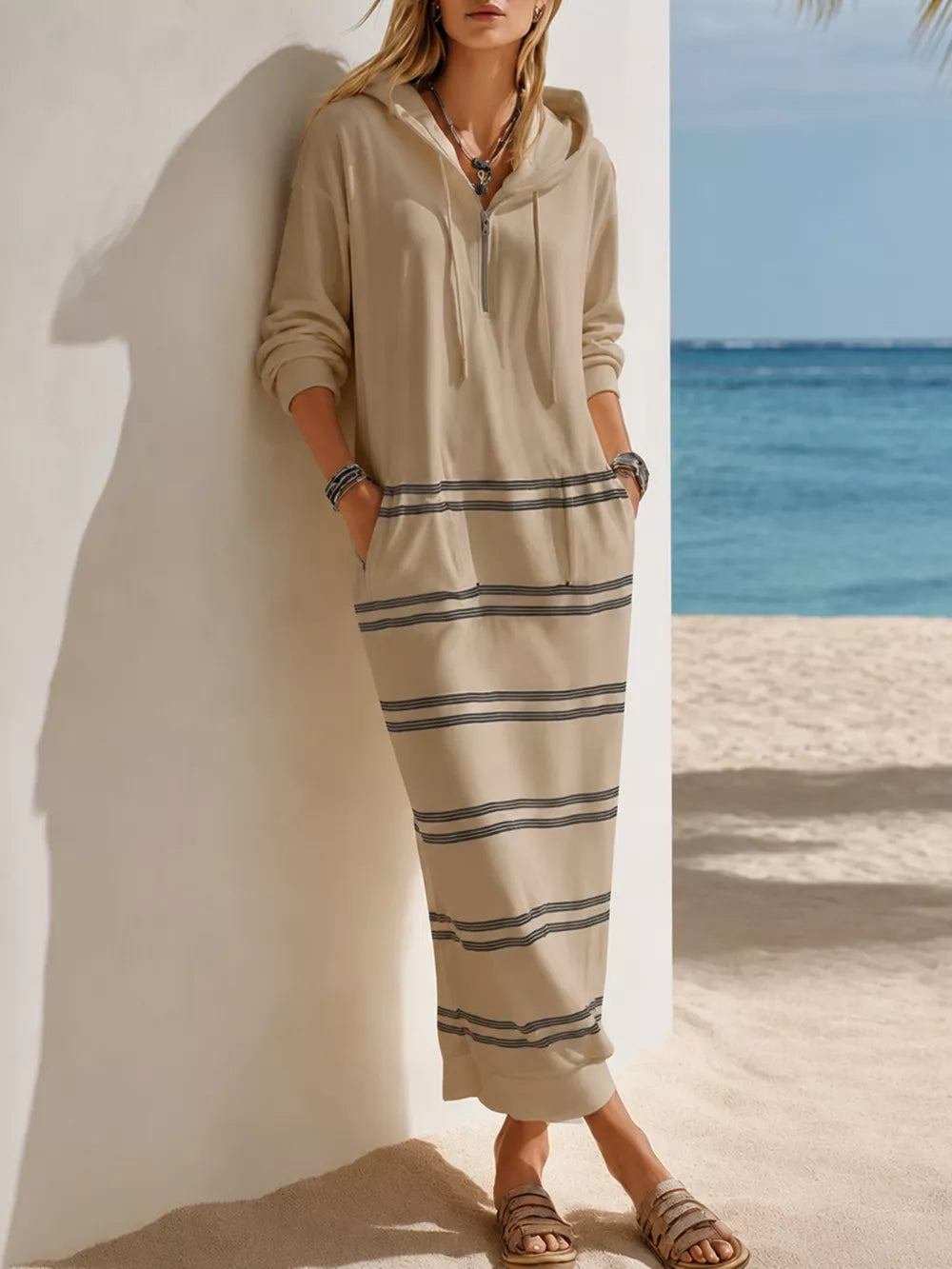 Casual Striped Drawstring Hooded Dress in White, fit detail