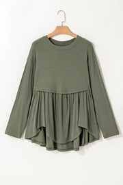 Moss ribbed peplum blouse with long sleeves and tiered ruffled hem