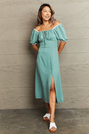 Teal dotted swiss off-shoulder midi dress with lace trim and front slit