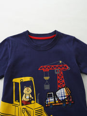 Navy cotton tee with construction vehicle appliques and red neckline trim.