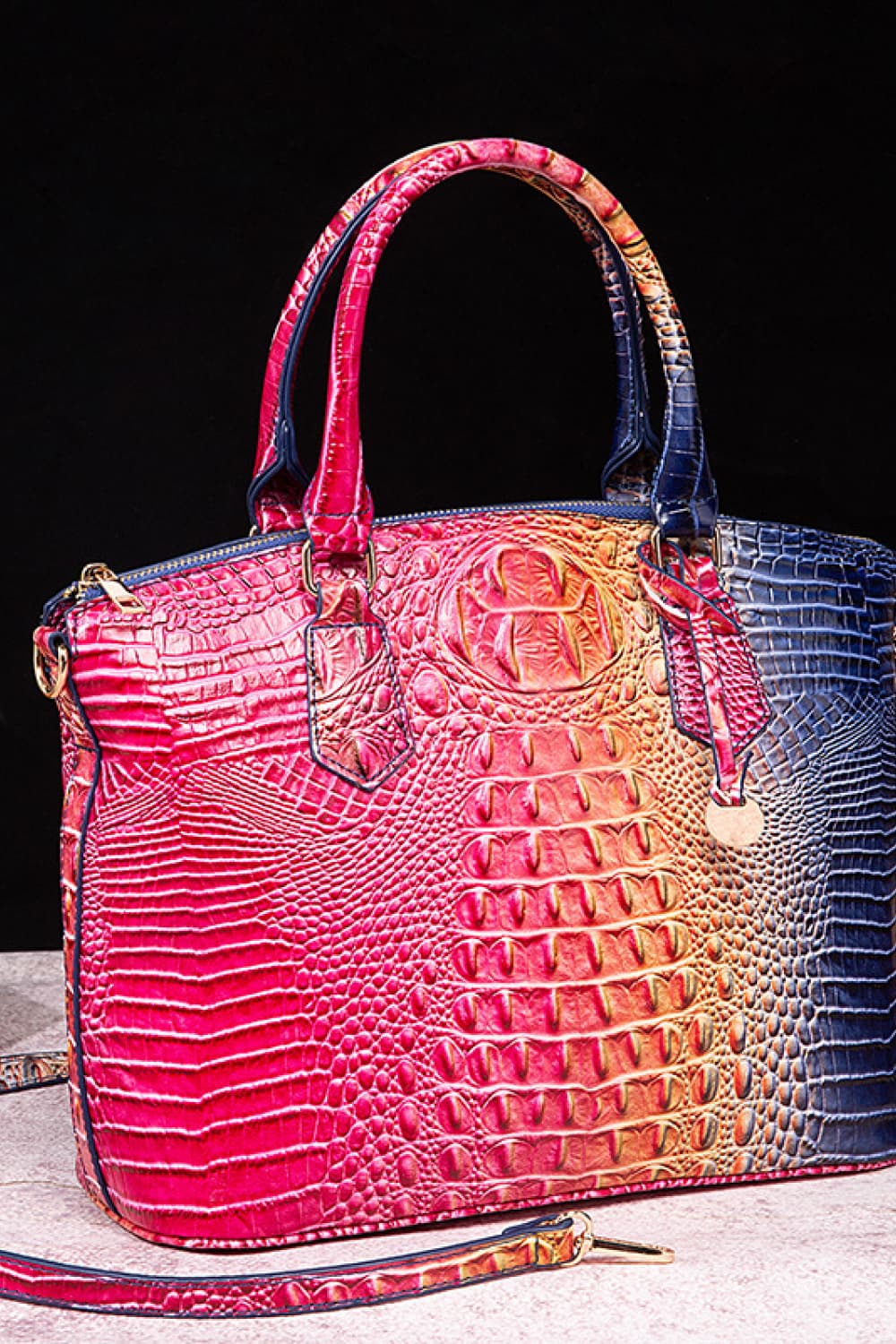 Exotic Crocodile Satchel bag with multicolor gradient finish and textured embossed pattern.