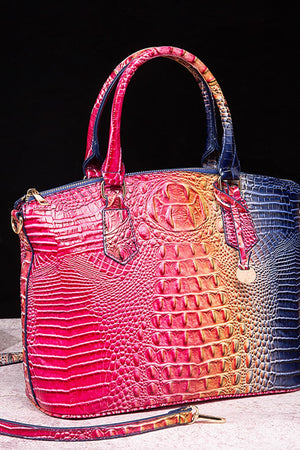 Exotic Crocodile Satchel bag with multicolor gradient finish and textured embossed pattern.