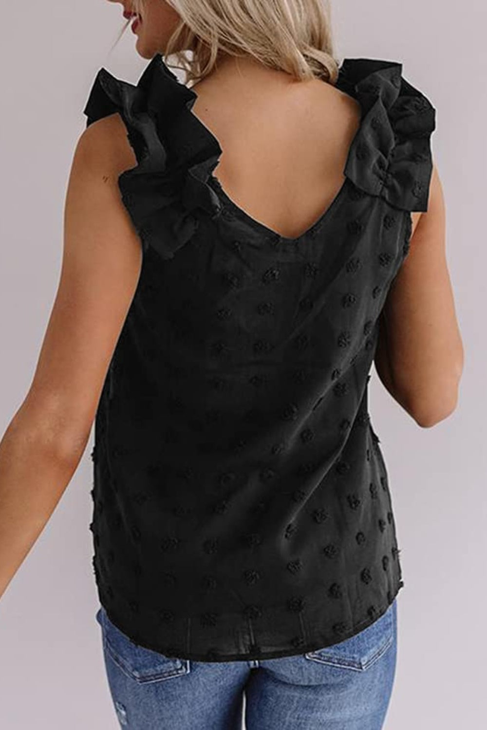 Black textured ruffle-sleeve tank top with V-neck and dot pattern
