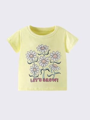 Yellow cotton t-shirt with cheerful daisy graphic and text LET'S GROW!