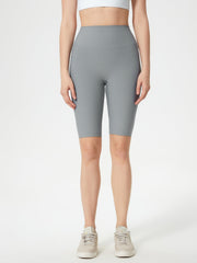 Gray ribbed contour cycling shorts with a high waist and mid-thigh length.