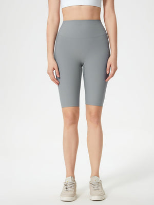 Gray ribbed contour cycling shorts with a high waist and mid-thigh length.