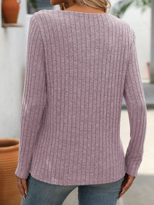 Keyhole ribbed knit henley top in Moonlit Mauve with long sleeves.