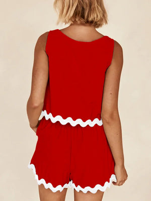 Scalloped edge tank and short co-ord set in scarlet red with white trim.