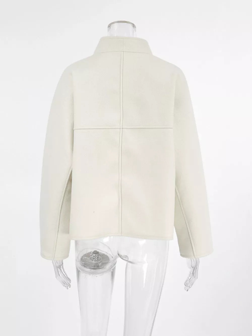 Elegant Stand Collar Open Front Outerwear in White, fabric detail