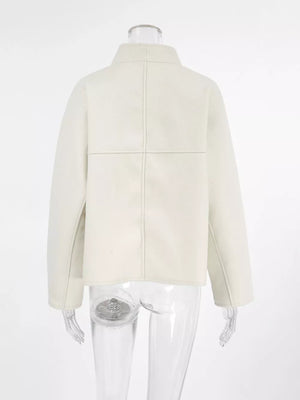 Elegant Stand Collar Open Front Outerwear in White, fabric detail