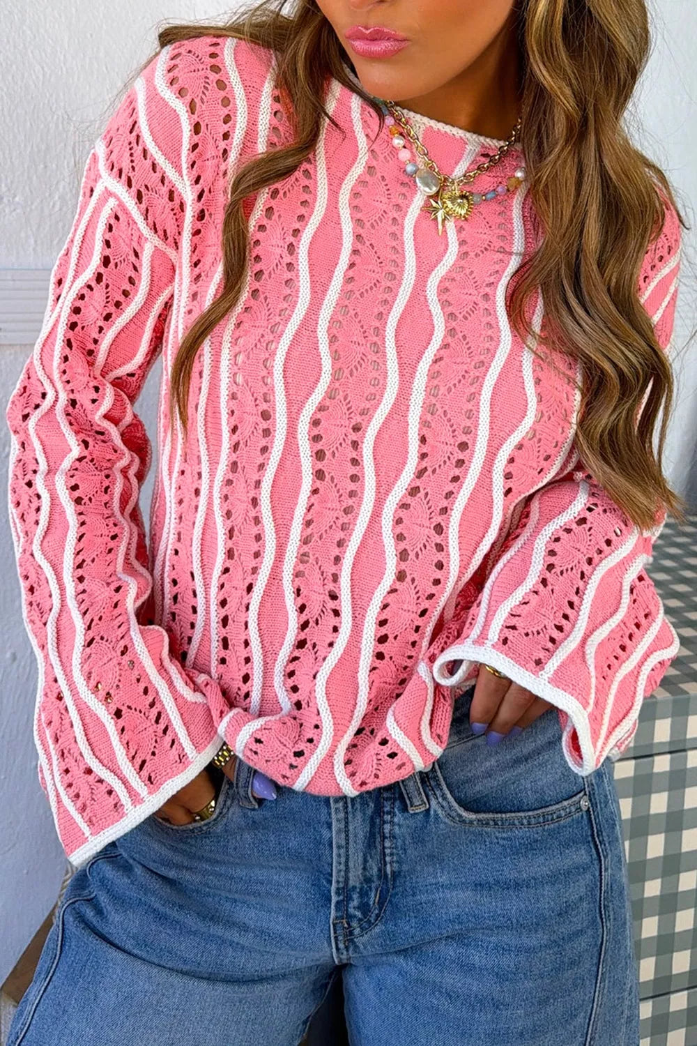 Wavy Detail Hollow Out Knit Sweater in Pink, close-up detail